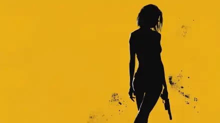HD PC desktop wallpaper featuring a silhouette of a woman holding a gun against a bold yellow background, inspired by the movie Pulp Fiction.