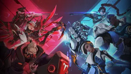 HD PC desktop wallpaper featuring dynamic Overwatch characters in a vibrant red and blue clash, capturing intense action from the popular video game.