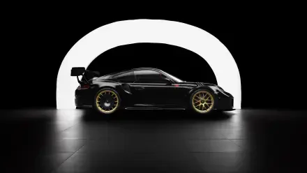 Sleek black Porsche 911 with gold wheels showcased in a dramatic minimalist setting, captured in 4K Ultra HD for a stunning PC desktop wallpaper.