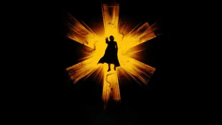 Silhouette of a figure with a cape standing against a glowing, explosive yellow and orange backdrop, featured in the Thunderbolts* (2025) 4K Ultra HD PC desktop wallpaper.