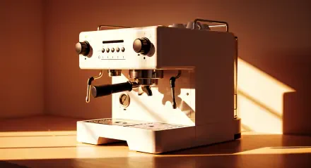 4K Ultra HD desktop wallpaper showcasing a sleek coffee machine bathed in warm sunlight on a wooden surface.