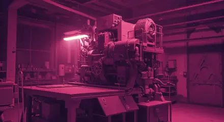 4K Ultra HD industrial design image showcasing a detailed machine in a dimly lit factory setting with pink and purple lighting, capturing mechanical complexity.