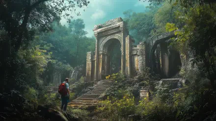 HD wallpaper of a lone explorer discovering ancient jungle ruins surrounded by dense greenery and misty atmosphere.