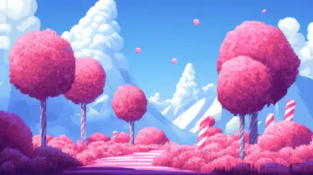 Pixel art fantasy Candy World with vibrant pink trees, candy cane trunks, and fluffy clouds under a bright blue sky, designed as an HD PC desktop wallpaper background.