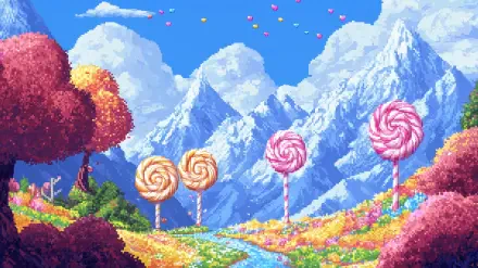Pixel art HD desktop wallpaper depicting a fantasy Candy World with colorful lollipops, vibrant autumn trees, and towering snowy mountains under a bright blue sky.