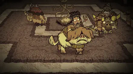 HD desktop wallpaper from the video game Don't Starve Together, featuring stylized characters and creatures in a dark, detailed environment.