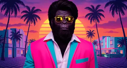 4K Ultra HD PC desktop wallpaper featuring a stylized Bigfoot in retro neon sunglasses and a vibrant Miami Vice-inspired suit against a vivid sunset cityscape.