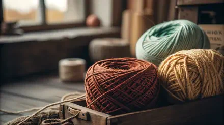 Close-up of three yarn balls in earthy tones on a wooden surface, captured in 4K Ultra HD for a detailed PC desktop wallpaper background.