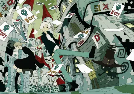 HD anime wallpaper featuring Soul Evans and Maka Albarn from Soul Eater amidst floating papers with skull and D symbols in a surreal, stylized urban background.