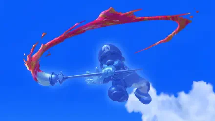 HD PC desktop wallpaper of Mario wielding a brush, painting a bold red stroke against a vivid blue sky in a dynamic video game scene.