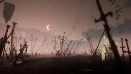 4K Ultra HD PC wallpaper from the video game Clair Obscur: Expedition 33, featuring a misty battlefield scattered with silhouetted swords under a crescent moon.