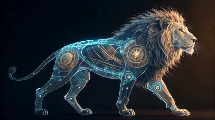 4K Ultra HD PC desktop wallpaper featuring a futuristic, mechanical lion symbolizing the Leo astrology sign with intricate glowing gears and circuitry.