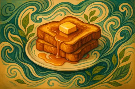 A 4K Ultra HD PC wallpaper featuring a stylized stack of French toast with melting butter and syrup, set against a swirling, decorative background.