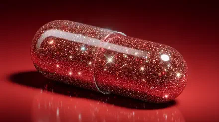 A sparkling red pill capsule on a glossy surface, rendered in 4K Ultra HD as a vibrant PC desktop wallpaper.