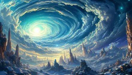 4K Ultra HD desktop wallpaper depicting a vivid exoplanet landscape with towering spires beneath a swirling, luminous sky of clouds and stars.