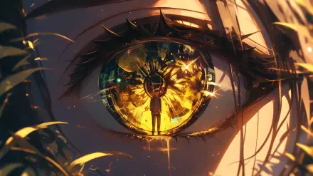 Close-up of a golden anime eye reflecting a detailed scene with an anime girl, rendered in HD quality as a striking PC desktop wallpaper.
