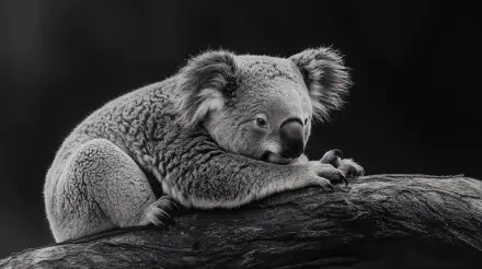 A close-up black and white 4K Ultra HD image of a koala resting on a tree branch, featured as a PC desktop wallpaper and background.