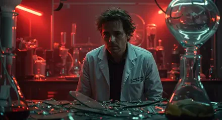 A scientist in a lab coat sits amid an experimental setup with glassware and red lighting, captured in a 4K Ultra HD PC desktop wallpaper background.