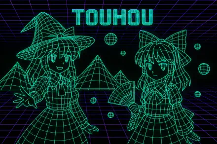 4K Ultra HD Touhou desktop wallpaper featuring neon green grid-style characters and geometric shapes on a black background, blending retro and futuristic aesthetics.