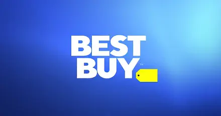 HD PC desktop wallpaper featuring the Best Buy logo with bold white text and a yellow price tag icon on a blue gradient background.