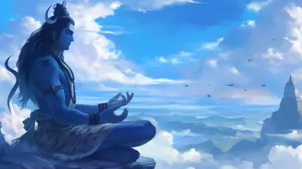HD PC wallpaper depicting Lord Shiva, also known as Mahadev, meditating peacefully above the clouds in a serene religious scene.