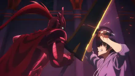 Anime HD wallpaper featuring Sung Jin-Woo from Solo Leveling wielding a glowing broadsword against Igris in a dramatic battle scene.