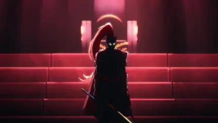 Anime HD desktop wallpaper featuring Igris from Solo Leveling, bathed in red hues and standing prominently with a sword against a dramatic red background.