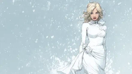 Comic-style HD PC desktop wallpaper featuring Emma Frost in a flowing white dress against a soft textured background.