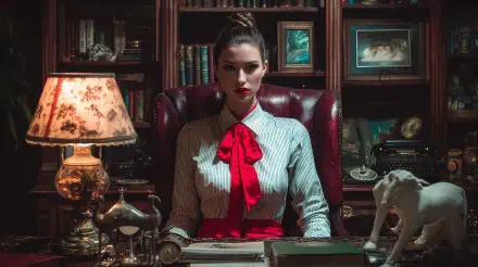 Woman dressed as a secretary sitting at a desk in a vintage library setting, captured in 4K Ultra HD for a PC desktop wallpaper and background.