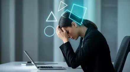 A stressed woman at a laptop with glowing geometric shapes above her head, depicting workplace stress in a sharp 4K Ultra HD desktop wallpaper.