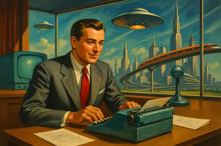 4K Ultra HD desktop wallpaper showing a corporate job scene with a suited man typing on a typewriter against a futuristic cityscape background.