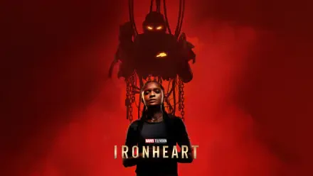 High-resolution 8K Ultra HD wallpaper featuring the TV show Ironheart with a character standing confidently against a dramatic red background and robotic figure looming behind.