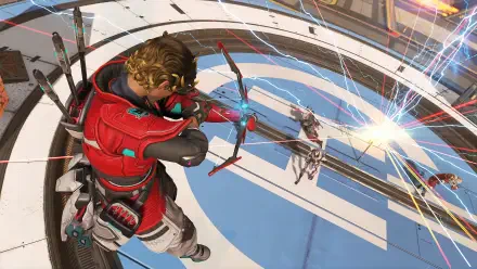 4K Ultra HD PC wallpaper featuring Sparrow from Apex Legends aiming his bow in a dynamic video game action scene.