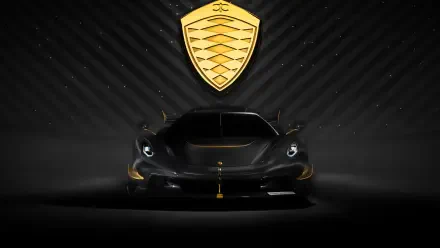 Black Koenigsegg Jesko car showcased in dramatic lighting with the Koenigsegg emblem above, captured in 8K Ultra HD for a striking PC desktop wallpaper.