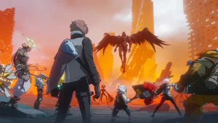 HD PC desktop wallpaper from the video game Etheria: Restart, featuring characters facing a fiery winged figure in a dystopian cityscape.