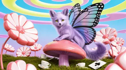 A magical creature with butterfly wings and purple fur sits on a mushroom among oversized flowers and teacups, captured in vibrant 4K Ultra HD PC desktop wallpaper quality.