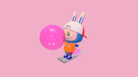 HD PC desktop wallpaper featuring Labubu, a cute character with bunny ears blowing a large pink bubblegum bubble against a solid pink background.