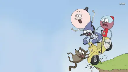 HD PC desktop wallpaper featuring Mordecai, Rigby, Benson, and Pops from the TV show Regular Show riding a scooter off a cliff.