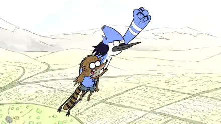 HD desktop wallpaper featuring Mordecai and Rigby from the TV show Regular Show flying high above a sprawling landscape.