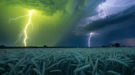 4K Ultra HD desktop wallpaper showcasing a dramatic lightning storm over a field under a stormy, green-tinged sky.