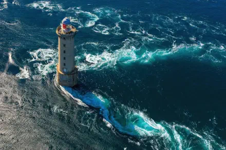 A 4K Ultra HD PC wallpaper featuring a solitary lighthouse standing firm amidst powerful ocean waves crashing around it.