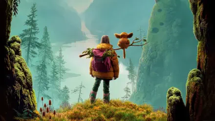4K Ultra HD desktop wallpaper from the movie The Legend of Ochi, featuring a person with a backpack and a small creature overlooking a lush, misty valley with towering cliffs.