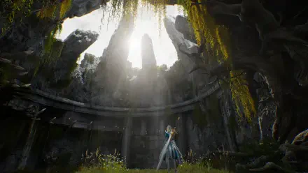 HD PC desktop wallpaper from the video game Vindictus: Defying Fate, showing a character standing in a circular, ancient ruin illuminated by sunlight streaming through an opening above.