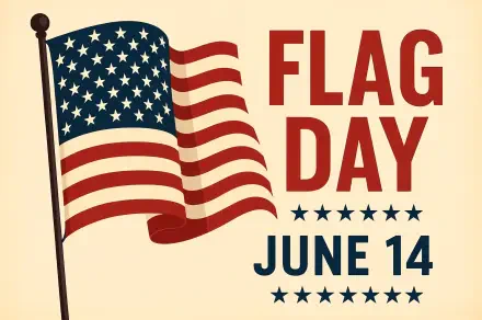 4K Ultra HD desktop wallpaper featuring a waving American flag with bold text celebrating Flag Day on June 14.