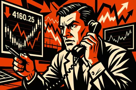 Vector illustration of a focused stock trader analyzing market data on multiple screens, rendered in bold colors as a 4K Ultra HD PC desktop wallpaper and background.