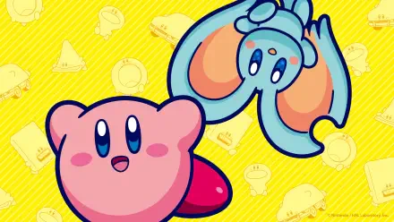 HD PC desktop wallpaper featuring Kirby and a blue bat character from Nintendo's Kirby video game series on a bright yellow patterned background.