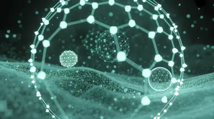 4K Ultra HD PC desktop wallpaper featuring glowing interconnected spheres and molecular structures floating over a textured, wave-like surface in cool green tones.