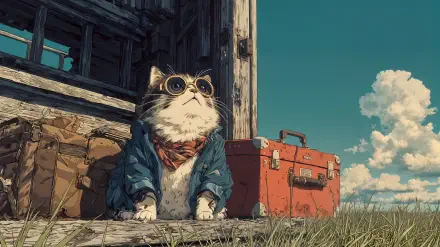 Stylized cat in a jacket and goggles sits by a weathered wooden shack next to a red suitcase under a blue sky — 5K Ultra HD PC desktop wallpaper/background.
