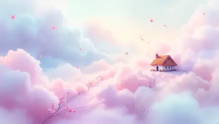 A serene cottagecore scene with a cozy house resting among pastel pink clouds, rendered in 4K Ultra HD for PC desktop wallpaper and background.