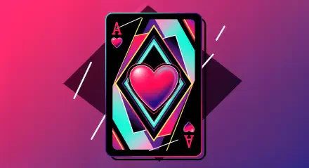 Vibrant 4K Ultra HD playing card wallpaper featuring a stylized Ace of Hearts with neon geometric patterns on a pink and purple gradient background.